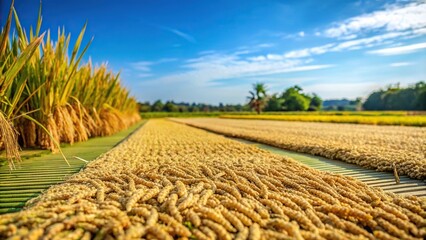 Rice field harvest plants drying in a low angle shot