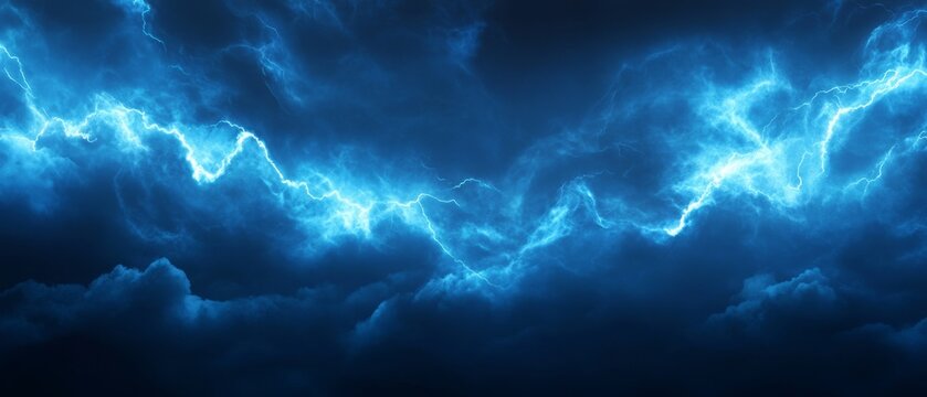 Realistic thunder light and blue smoke cloud bottom frame. Mysterious lightning glow border wide panoramic element
