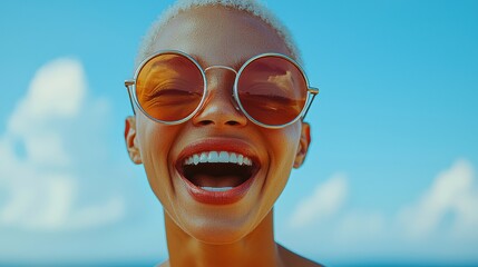 Joyful young woman with short hair and round sunglasses smiles broadly against a bright blue sky during a sunny day at the beach