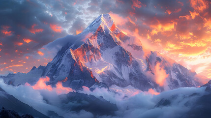 A snow-covered mountain peak illuminated by the first light of dawn