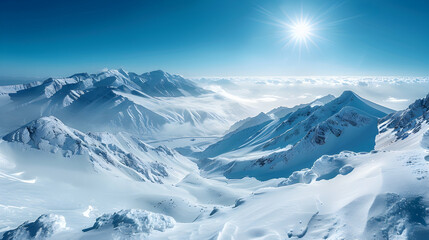Obraz premium A snowy landscape with a clear blue sky and distant mountain peaks