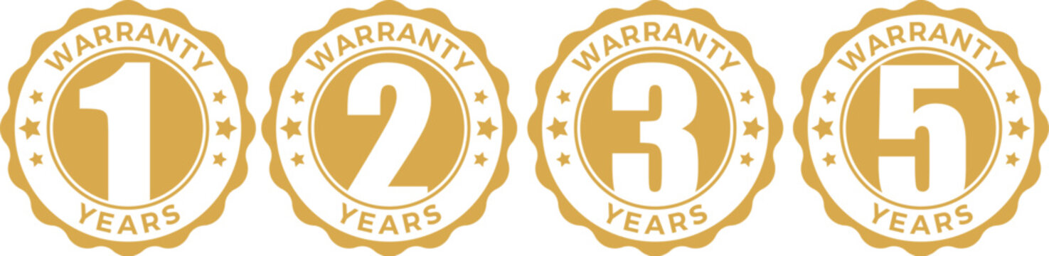 1 2 3 5 year warranty logo with golden shield and golden ribbon.Vector illustration.