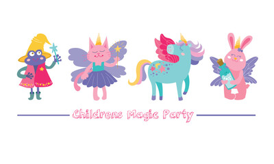 Childrens magic animals. Cute colorful big set with farytaile unicorn, cat, rabbit and frog. Childish flat illustrations collection. Vector stickers isolated on white background.