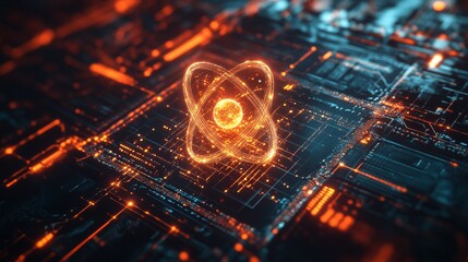 A blend of futuristic technology and science, where the design combines an image of an atom with electronic circuitry.