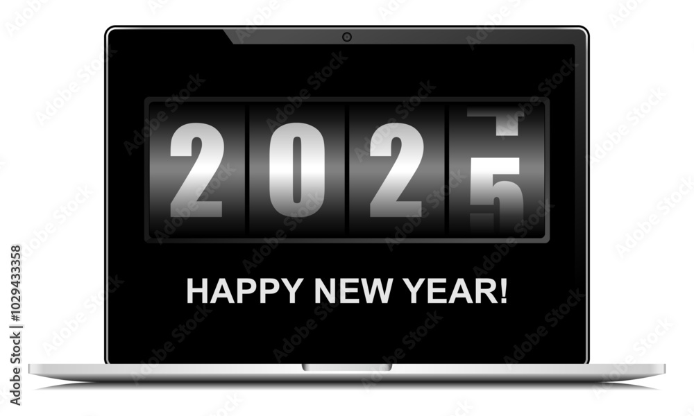 Poster happy new year 2025 with counter on notebook screen, vector illustration in eps 10