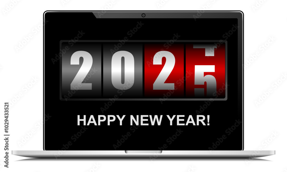 Poster happy new year 2025 with counter on notebook screen, vector illustration in eps 10
