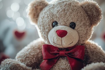 A close-up of a cuddly teddy bear wearing a red bow, perfect for Valentine&rsquo;s Day gifts, symbolizing love, warmth, and affection..