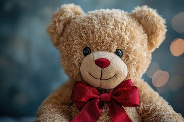 A close-up of a cuddly teddy bear wearing a red bow, perfect for Valentine&rsquo;s Day gifts, symbolizing love, warmth, and affection..
