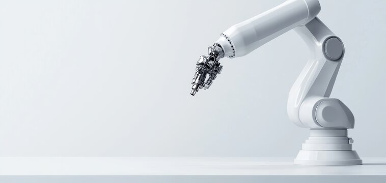 A robotic arm assembling products, advanced automation in industry, 3D rendering, metallic tones, isolated on white background