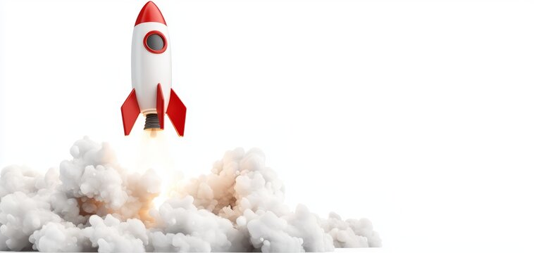A startup rocket launch, business growth concept, 3D illustration, isolated on white background