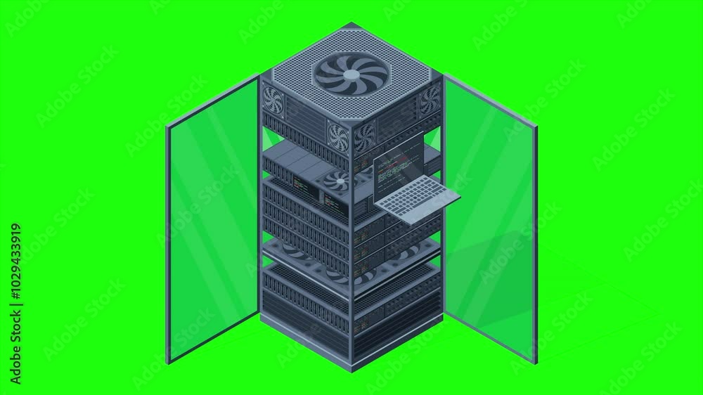 Poster isometric server animation. server racks. server boxes isolated. network server room. computer netwo