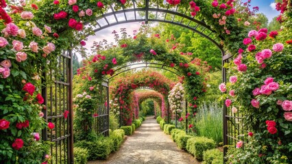 Fototapeta premium Romantic pathway with iron trellis and overgrown roses in lush garden