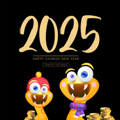 Cartoon Happy Chinese New Year 2025 illustration vector design with cute and friendly golden snake and golden coins. Cartoon snake with scarf symbol of 2025 lunar year. New year illustration