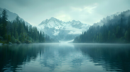 Fototapeta premium A tranquil mountain lake with mist rolling over the still water at dawn