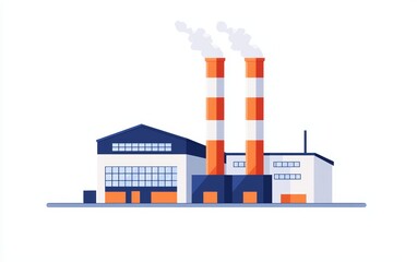 Fototapeta premium An industrial factory exterior, modern design with smokestacks, flat design, muted colors, isolated on white background