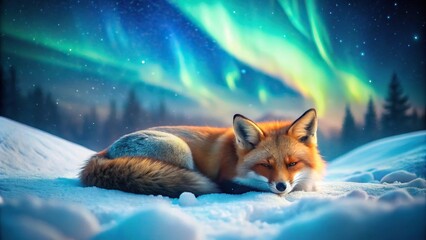Peaceful fox sleeping under magical northern lights in snowy landscape