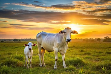 Nellore cattle calf and cow grazing on pasture during sunset high angle view