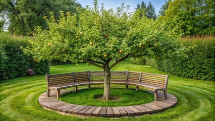 Fototapeta premium Round bench around apple tree in garden