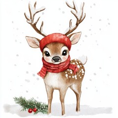 Adorable reindeer calf with a red hat and scarf in a snowy setting, festive and charming.