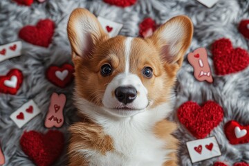 An adorable dog sitting among Valentine’s Day decorations, with heart-shaped love notes and festive decor, creating a sweet and playful celebration of love..