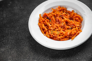 Braised cabbage suerkraut tomato sauce vegetable dish fresh delicious gourmet food background on the table rustick food top view copy space keto and paleo diet vegetarian and vegan food