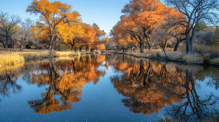 A tranquil river reflecting the autumn colors of the surrounding trees