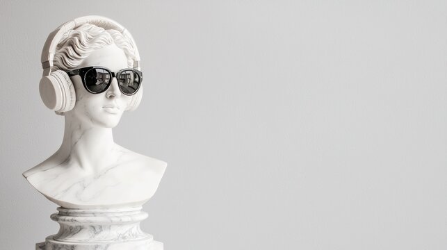 Marble bust of a woman adorned with headphones and sunglasses, combining classical sculpture with contemporary accessories, modern artistic twist
