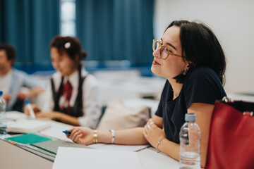 Students are actively engaged in a classroom setting, demonstrating attentiveness and focus during a lecture. The image captures the dynamic learning environment and educational atmosphere.