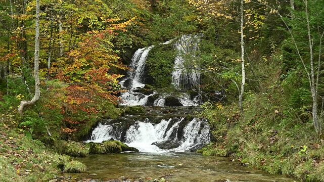 Cascading waterfalls in an autumn forest, slow motion, Josefsthaler Wasserf&auml;lle
