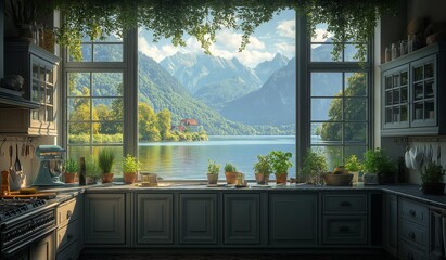 Fototapeta premium AI generator image of moody kitchen of a summery arts and crafts mansion with many windows overlooking the classic english gardens