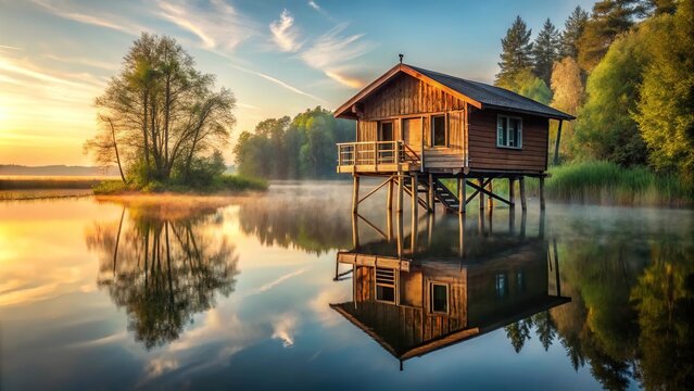 Rustic cabin on stilts over river for secluded nature getaway