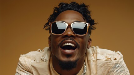 Stylish performer smiling and posing confidently in trendy sunglasses against a smooth orange backdrop