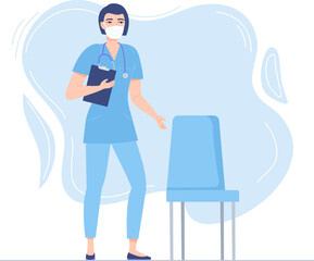 Nurse or doctor wait for patients in the hospital. Woman in face mask near empty chair. Coronavirus covid-19 prevention maintain a safe distance from others in hospital. Stock vector illustration in c