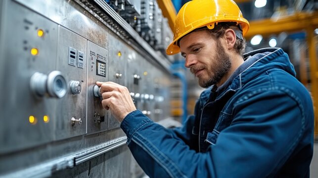 Employee working with a programmable logic controller PLC in a factory, demonstrating the role of automation in optimizing production processes