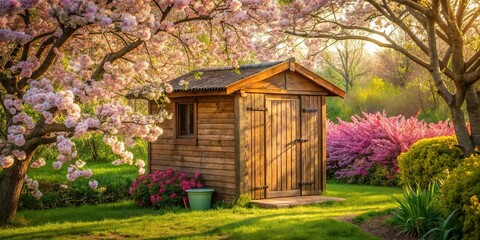 Rustic garden shed surrounded by blooming trees