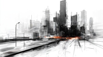 Fototapeta premium A monochrome image of a city skyline featuring a train on the rails in the foreground and tall structures in the backdrop