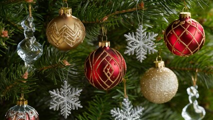 Elegant Holiday Ornaments Adorning a Pine Tree Branch