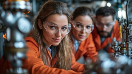 Multicultural group of engineers in a factory, working together to solve technical problems, highlighting the global workforce in modern industries