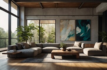 Obraz premium Modern Living Room with Unique Wooden Coffee Table and Large Windows.