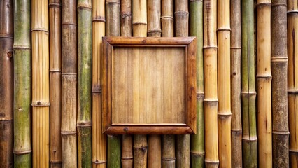 Rustic wooden signboard framed by bamboo background, tropical, natural, close-up