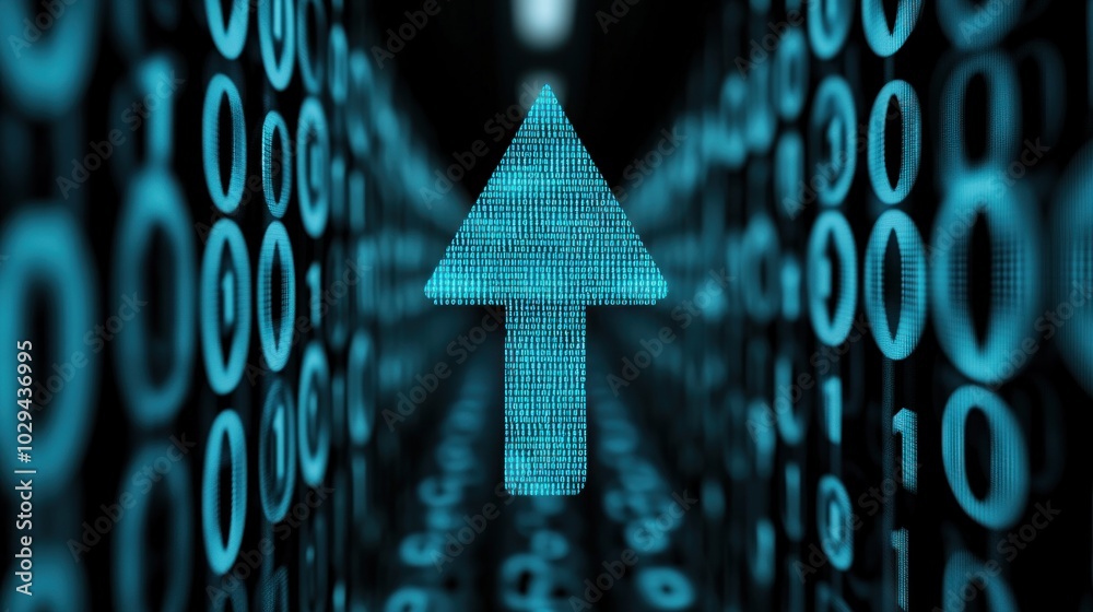 Poster a vibrant blue arrow points upwards, surrounded by a cascade of binary numbers in various shades. th