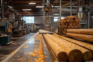 The interior of a wood processing plant featuring stacks of finished wood products, highlighting the manufacturing process, woodworking machinery, and ready-to-ship materials..
