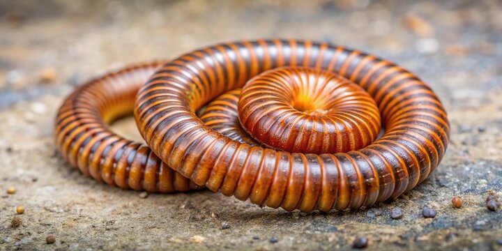Rusty millipedes curled up on the cement floor macro image