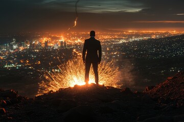 Fototapeta premium A man in a suit stands on a hilltop overlooking a city at night, with sparks flying around him.