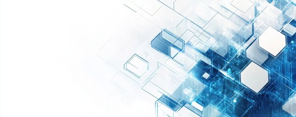 Abstract background with blue and white hexagons illustration of a circuit board or technology pattern in the style of a modern style Generative AI