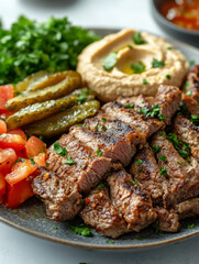 Grilled steak with hummus, tomatoes, pickles, and parsley on a plate