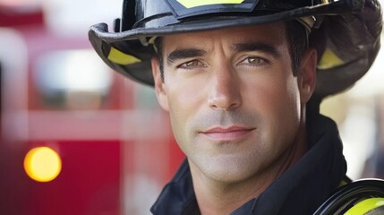 Obraz premium A dedicated firefighter poses with a serious yet approachable expression, wearing a helmet and uniform, with a fire truck visible in the background, symbolizing heroism and community service