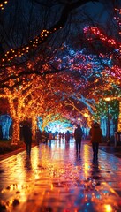 A festive walkway lined with twinkling lights, creating a magical atmosphere.