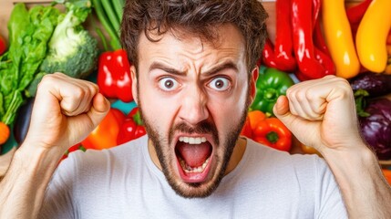 A man with a shocked expression and clenched fists stands in front of vibrant vegetables, showcasing his intense reaction amidst the market's bustling atmosphere