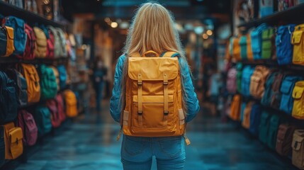 Fototapeta premium A young woman stands in a shop, looking at a wide selection of colorful backpacks lining the walls. The store's atmosphere is lively and inviting, filled with various styles